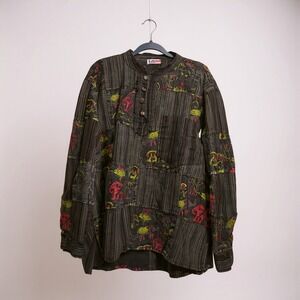 EzHippie Patchwork Elephant Print Tunic Shirt Long Sleeve Button Up XXL Nepal